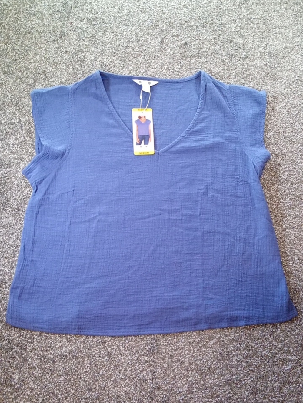 Three Dots Short Sleeve V-Neck Top in Blue